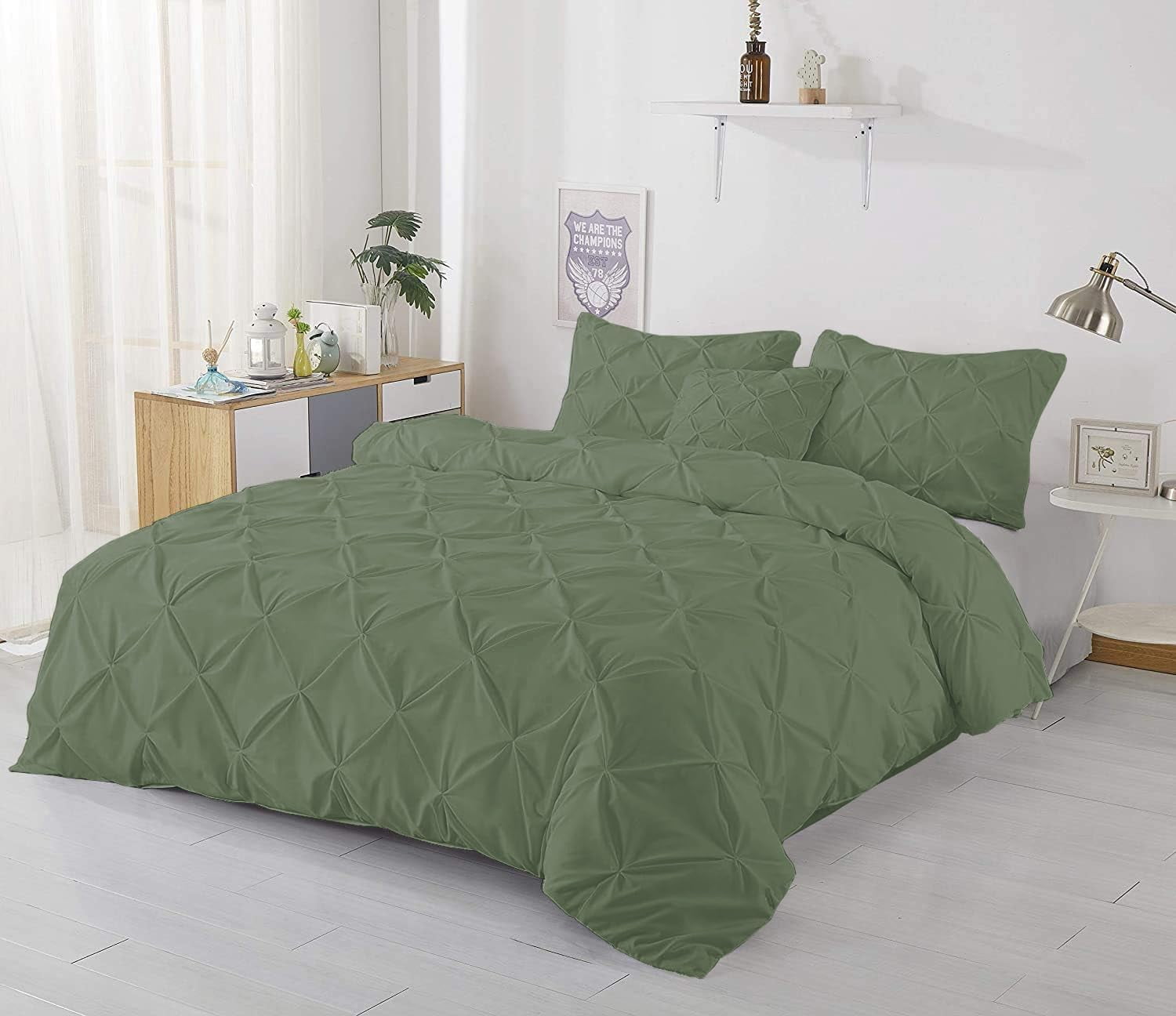 3 Piece Pinch Pleated Duvet Cover Set 100% Cotton 1000 TC with Zipper Closure & Corner Ties Pintuck Bedding Duvet Cover - King/California King Size (94" x 104") Inch, Sage Solid