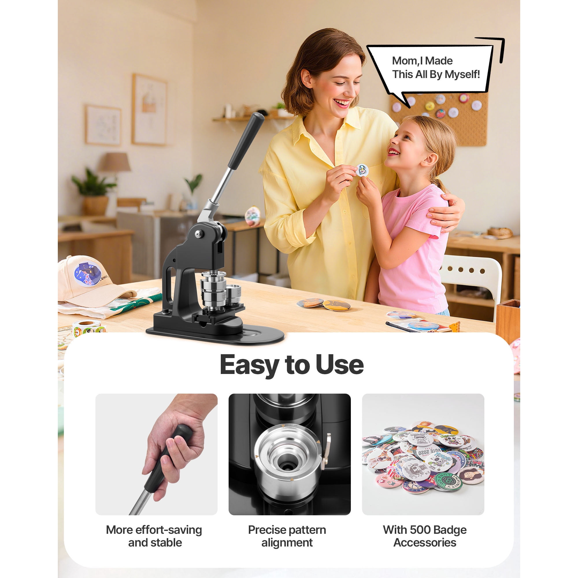 KFFKFF Button Maker Machine, 1.25 in, Badge Maker with 500 Button Components, Circle Cutter, Hex Tools, and Instruction Manual, Comfortable Grip, Ideal for Custom Badges, Pins, and Keychains, Black