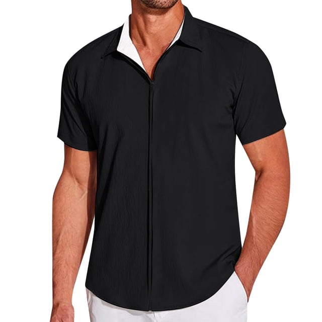 Camisas Manga Larga Hombre Camisa de playa de verano con cremallera de manga corta informal para hombre Camisa elástica arrugada con ligera (Black, L)