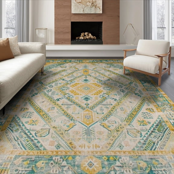 ODIKA 8'x10' Washable Area Rug Mid Century Vintage Oushak Geometric Hallway Teal Coastalbeach for Living Room, Under Sectional, Family , Durable, Non-Slip