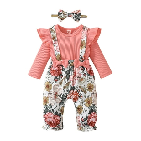 

IZhansean Newborn Baby Girls Floral Jumpsuit Long Sleeve Ribbed Suspender Romper Overalls Headband Set Pink 3-6 Months