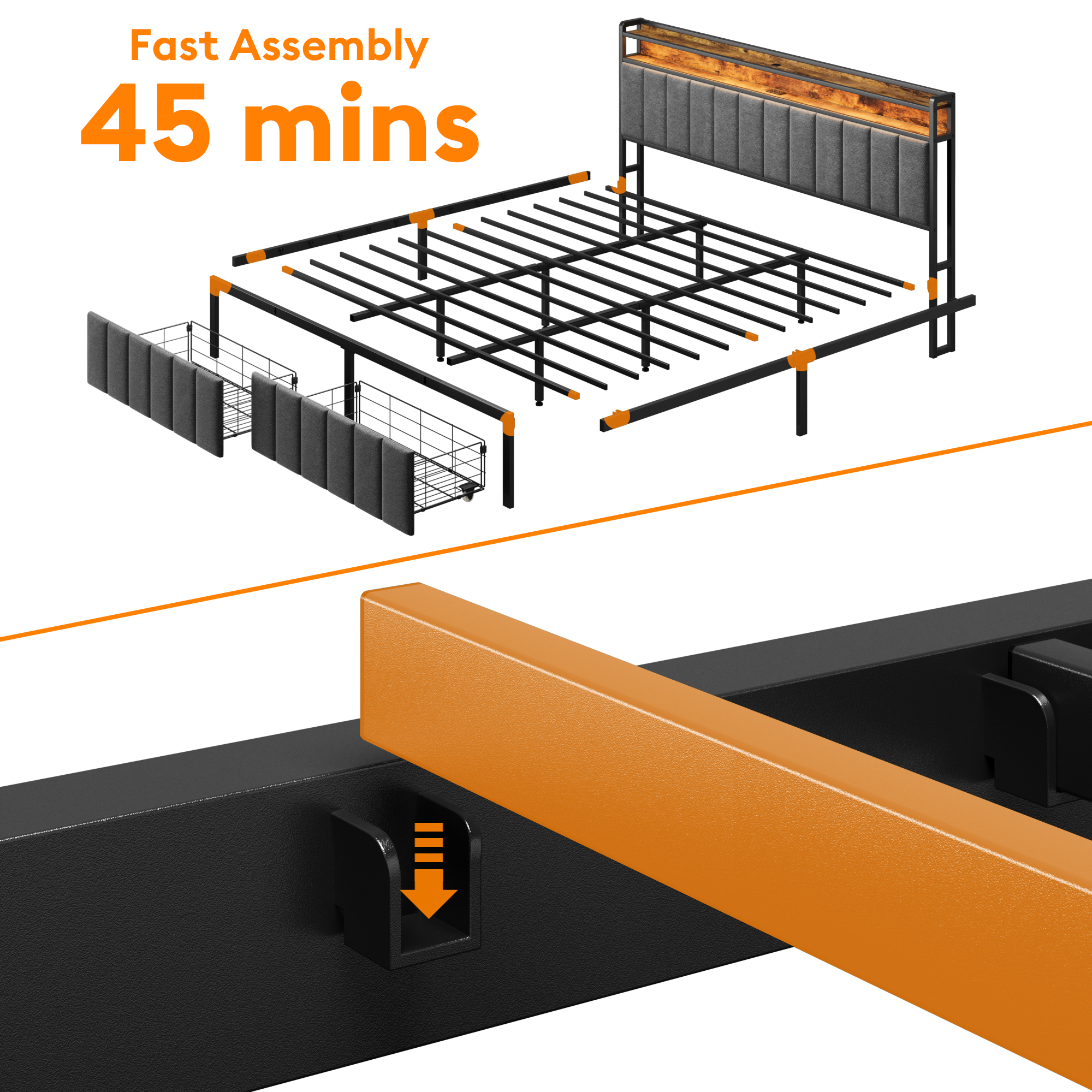 King Bed Frame with Storage, Upholstered Bed Frame with LED Lights Headboard and 2 Drawers, King Size Bed with Charging Station, Noise-Free, No Box Spring Needed, Easy Assembly, Grey