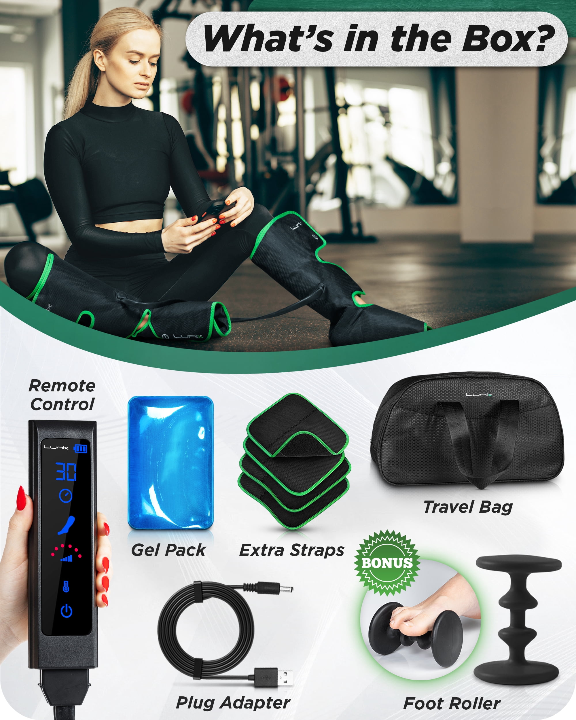 Lunix LX1 Foot and Calf Compression Massager, Cordless Rechargeable Leg Massager with Heat, Forest Green
