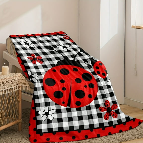 Soft & Warm Flannel Cozy Ladybug Print Throw Blanket - Versatile for Couch, Office Bed, Camping & Travel