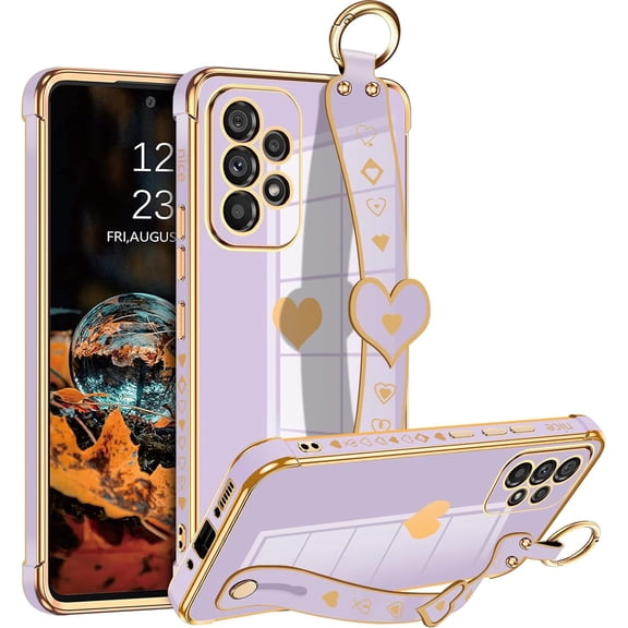 Case for Samsung Galaxy A52 Women Girl,Luxury Bling Cute Plating Hearts Soft Cover with Strap Kickstand,Full Camera Lens Protection Electroplate Reinforced Corner Shockproof Case - Black