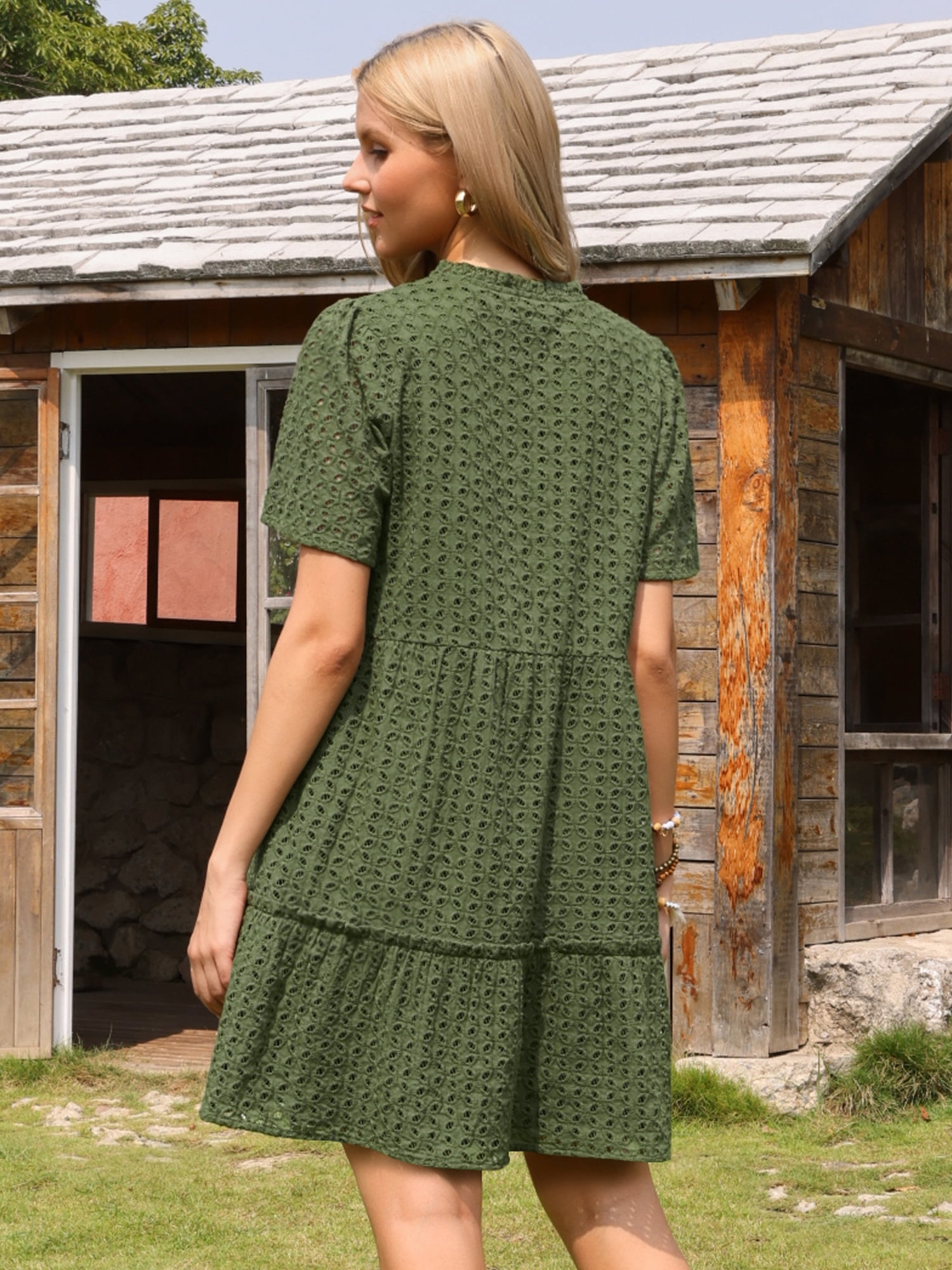DARING DIVA Women's Eyelet Short Sleeve V Neck Hollow Out Mini Dresses M Army Green