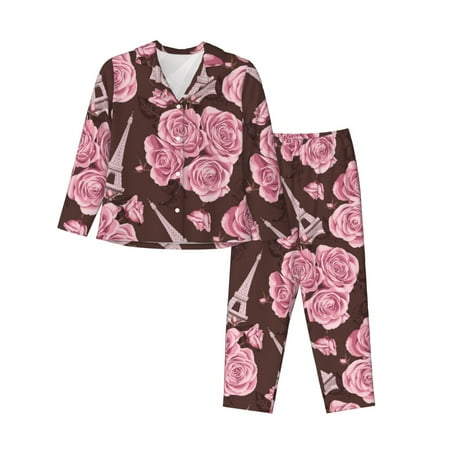 Pajamas for Women Set - pink flower Tower Comfy Long Sleeve Button Up Pajama Sets for Women 2 Piece  Soft Sleepwear Nightwear Pjs Lounge Sets for Women with Pockets
