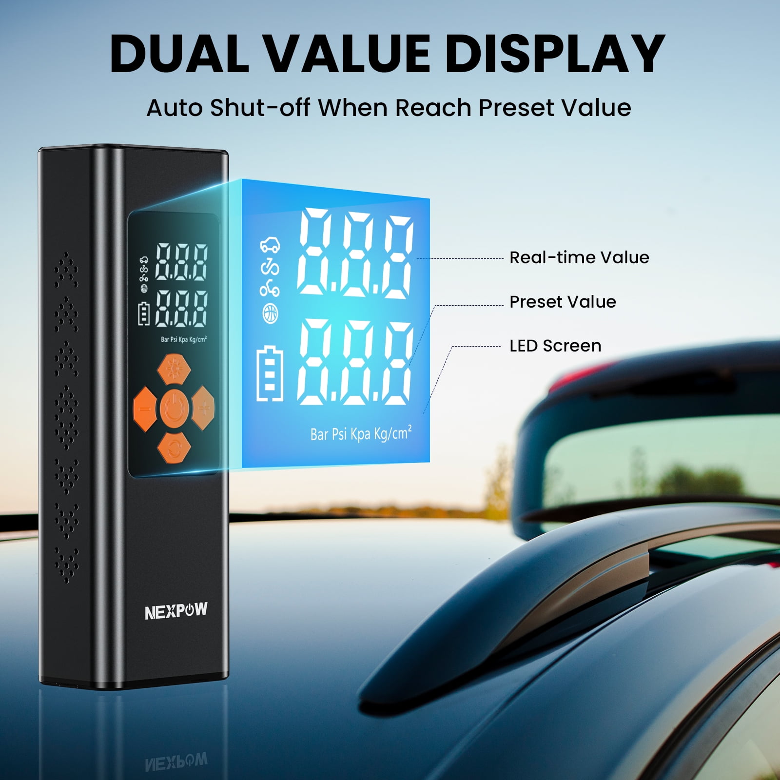 NEXPOW 150PSI Cordless Tire Inflator, 7500mAh Air Compressor with Dual-Screen Display & Auto Shut-Off, Portable Air Pump for Car/Motorcycle/Bike, USB Power Bank + LED Light, Black