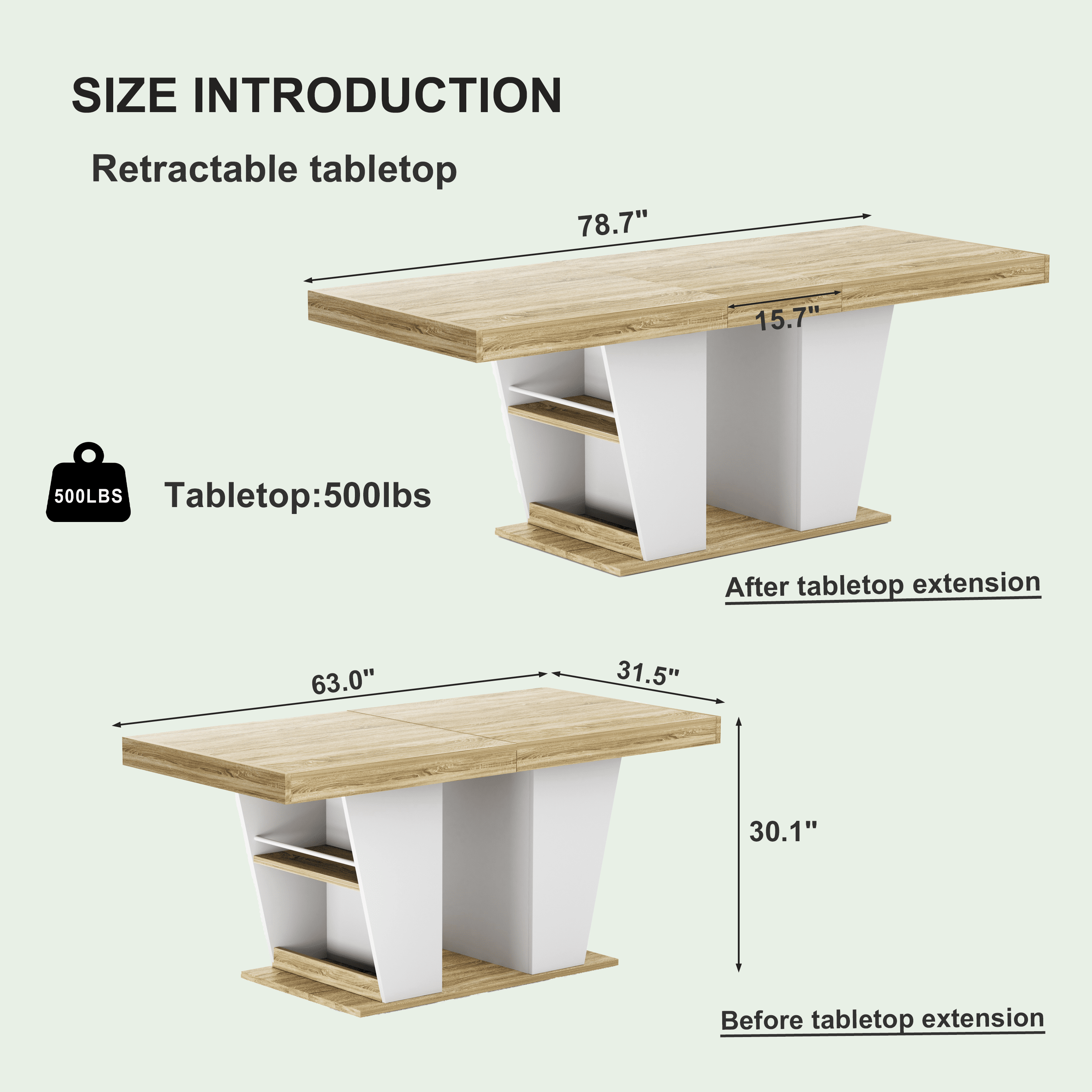 78.7" Rustic-Style Extendable Dining Table, Seats 8–10 People, Dining Table With Storage Shelves On Both Sides, Mid-Century Modern-Style Extendable Wooden Kitchen Table, Natural+White