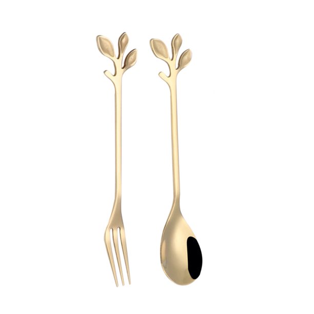 GOOHOCHY Cuchara de helado con forma de hoja de acero inoxidable de 2 piezas Cucharas de mango largo para postre de café (cuchara + tenedor) (dorado)