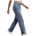 thumbnail image 4 of Olyvenn Women's High Waist Cutout Zip Button Jeans, Hollow Out Straight Leg Denim Trousers with Pockets, Outdoor Casual Streetwear Dark Blue L, 4 of 9