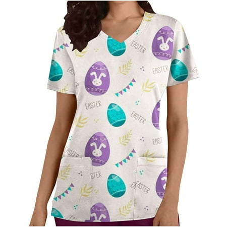 

Ladies Tops And Blouses Womens Easter Eggs Printed Shirts Short Sleeve Tees V Neck Working Scrubs Blouses