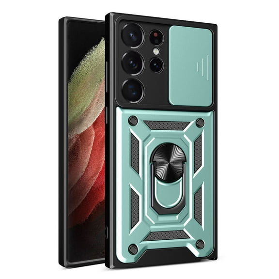 Heavy Duty Case for Samsung Galaxy S25 Ultra with Ring Holder Kickstand & Camera Lens Sliding Cover, Hybrid Shockproof Case Support Magnetic Car Mount for Samsung Galaxy S25 Ultra, Green