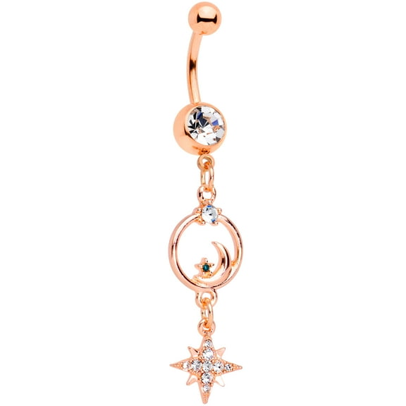 Body Candy Womens 14G Plated Steel Navel Ring Piercing Rosy Color Starry Moon Dangle Belly Button Ring