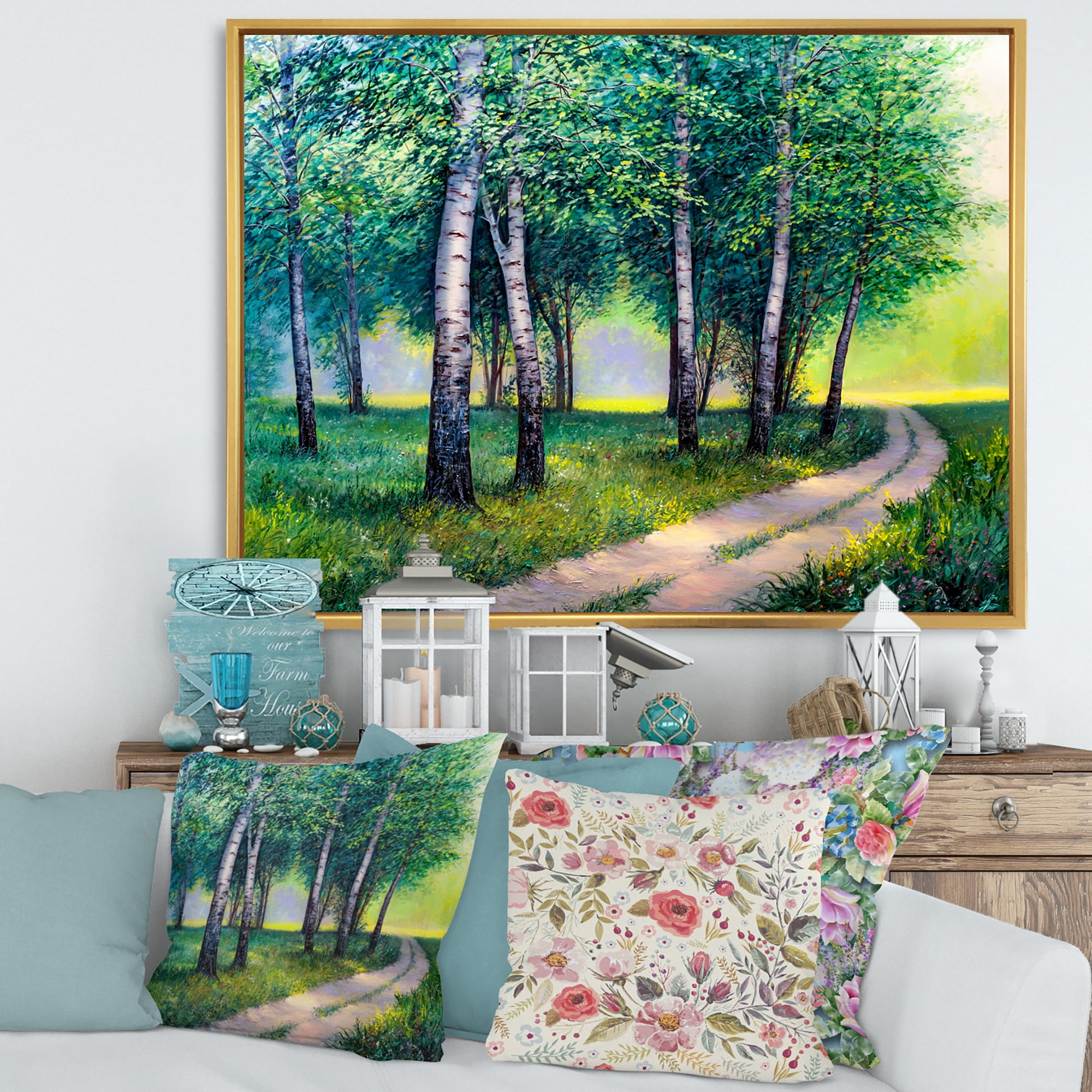 Designart 'Summer Forest Path By The Birches' Lake House Framed Canvas Wall Art Print