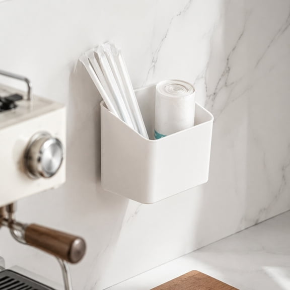 Wall Mounted Storage Organizer Caddy, White Plastic No-Drill Adhesive Hanging Box for Kitchen Utensils, Bathroom Toiletries, Office Supplies