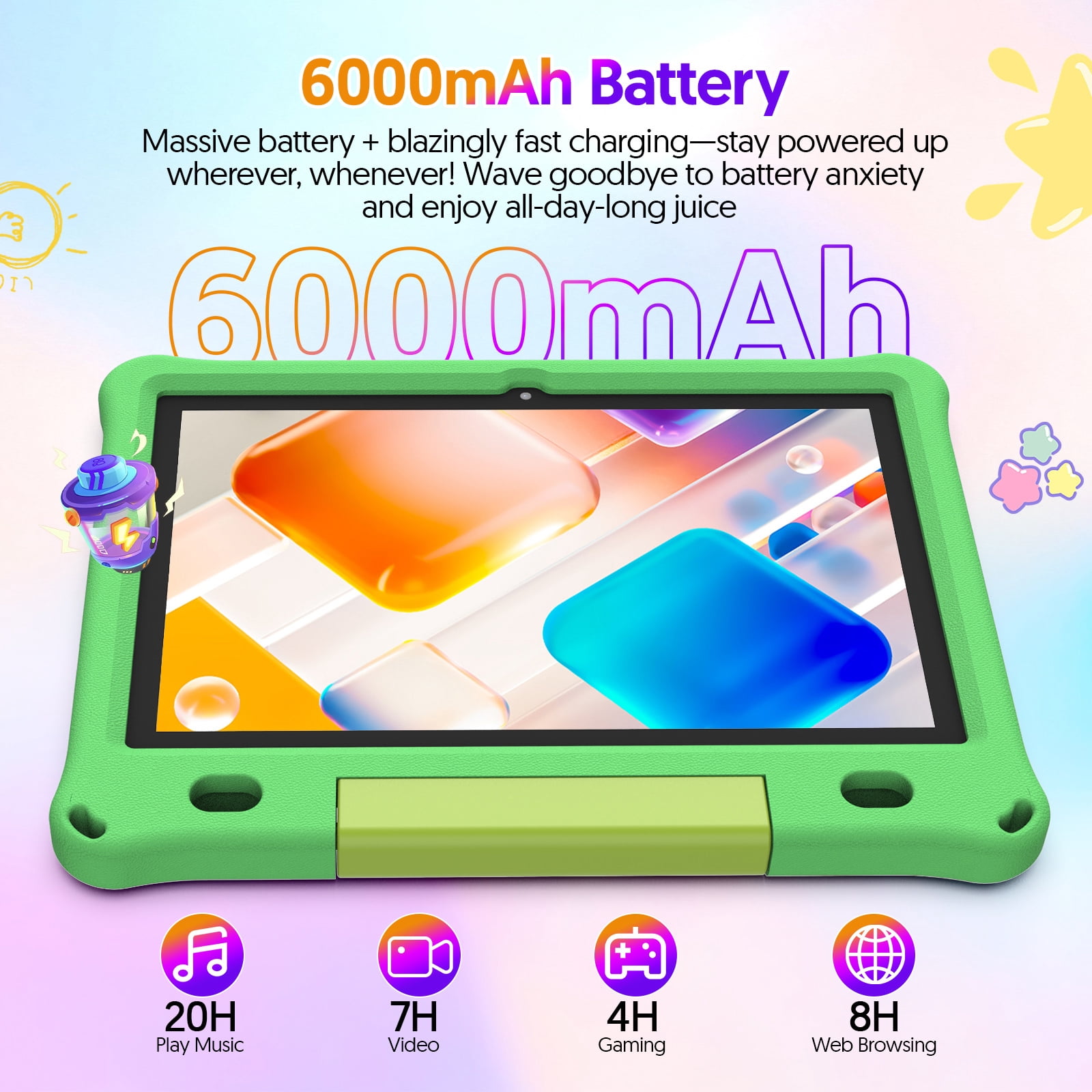 10inch Kids Tablet Android 15,1280x800 HD IPS Display Tablet with EVA Case,12GB (3g+9g) RAM+64GB Rom,Quad-Core, Wi-Fi6,6000mAh,Parental Control App Google Certified - Green
