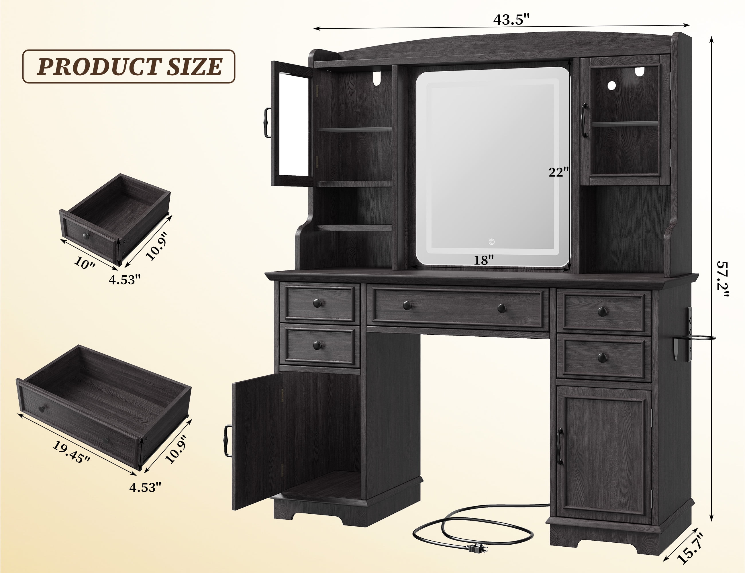 Romorgniz Black Vanity Desk with LED Lighted Mirror Makeup Vanity Table with 5 Drawers and 6 Storage Shelves for Bedroom and Dressing Room
