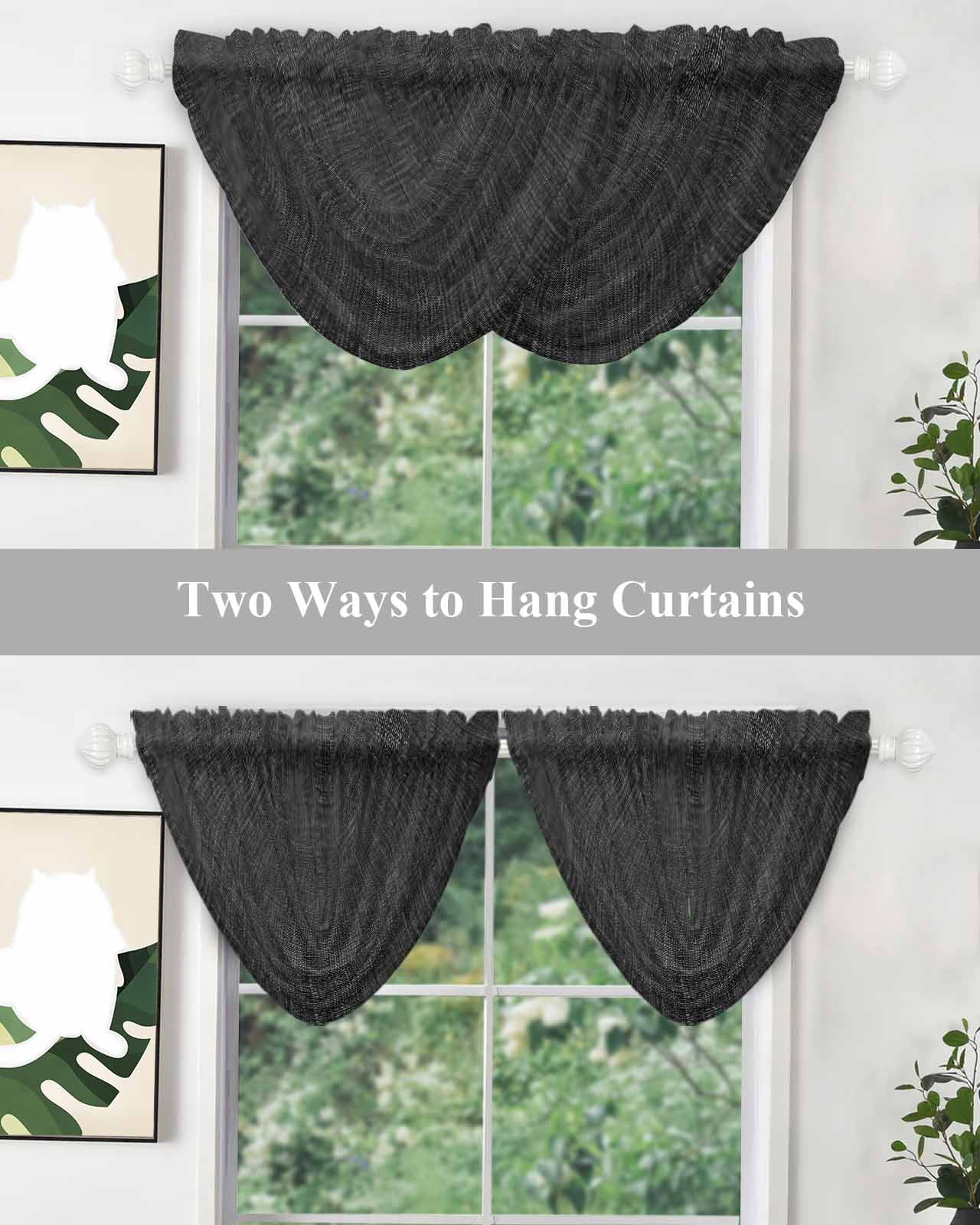 Black Waterfall Valances for Windows, Farmhouse Burlap Solid Black Color Modern Linen Texture Sheer Valance Curtains, Rod Pocket Elegant Swag Valances for Living Room Bedroom, 47.2"x38.5", 2 Panel