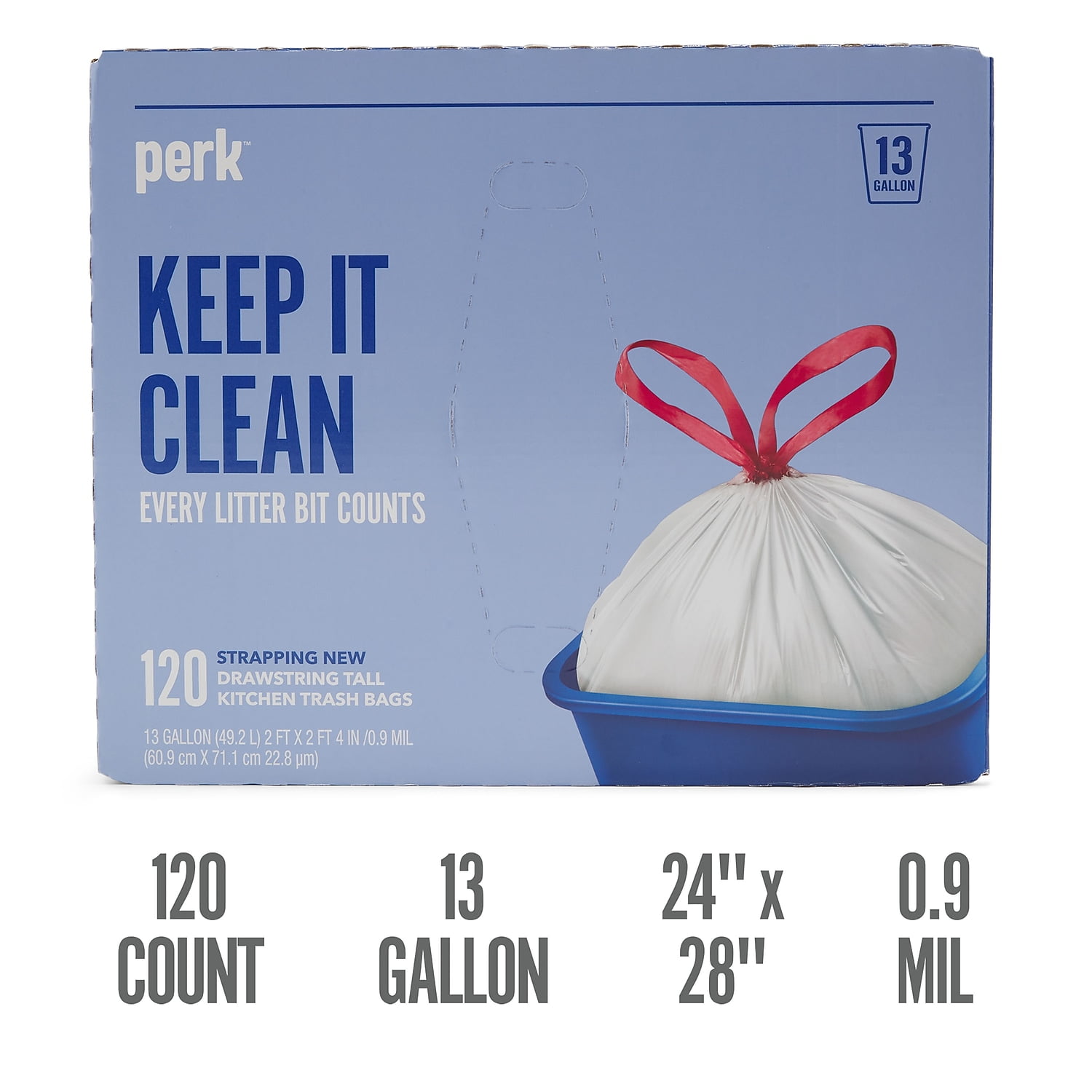 Perk 13 Gallon Kitchen Trash Bag Low Density 0.9 Mil White 100 CT E10.1MG54 