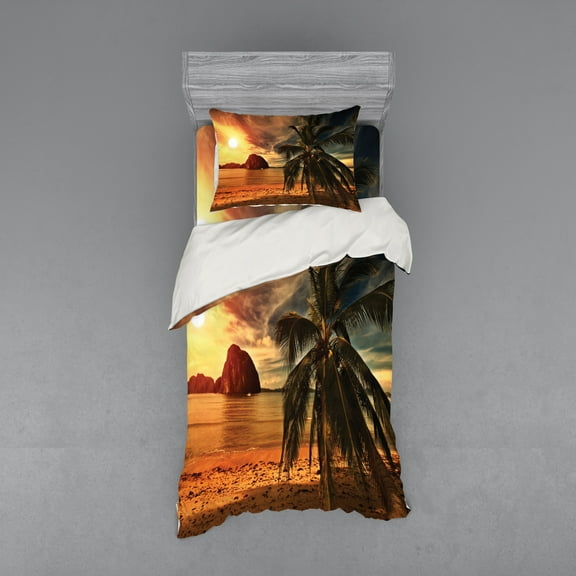 Ocean Duvet Cover Set, Havana Beach Sunny Tropics Mountains Rocks and Coconut Palm Trees, Bedding Set with Shams and Fitted Sheet, 3 Sizes, by Ambesonne