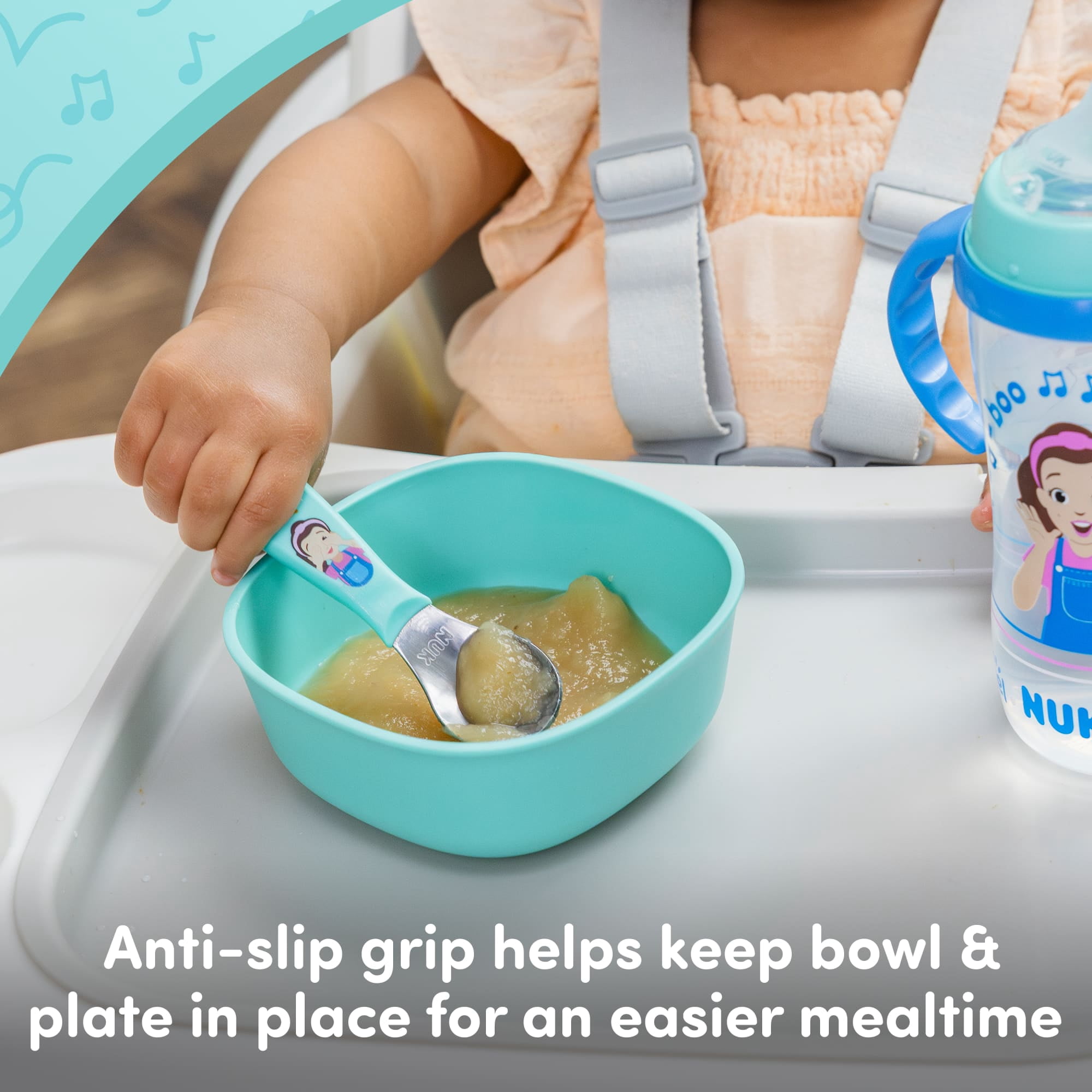 NUK Ms. Rachel Toddler Kids Tableware Set with Bowl, Spoon and Fork, 4-Piece