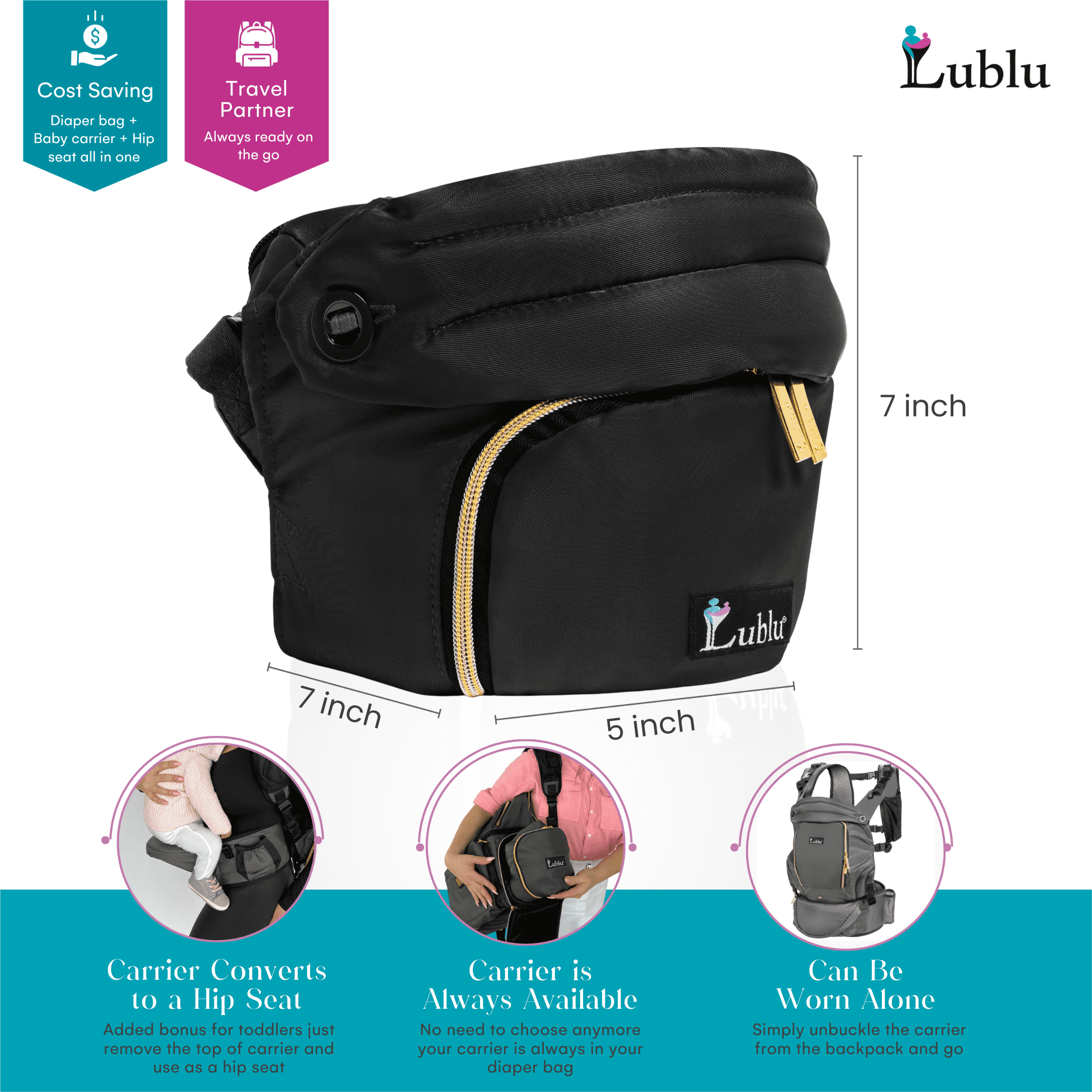 Lublu Diaper Bag Backpack with Baby Carrier, Hip Seat, Changing Pad, Insulated Pockets, Black or Grey (Black)