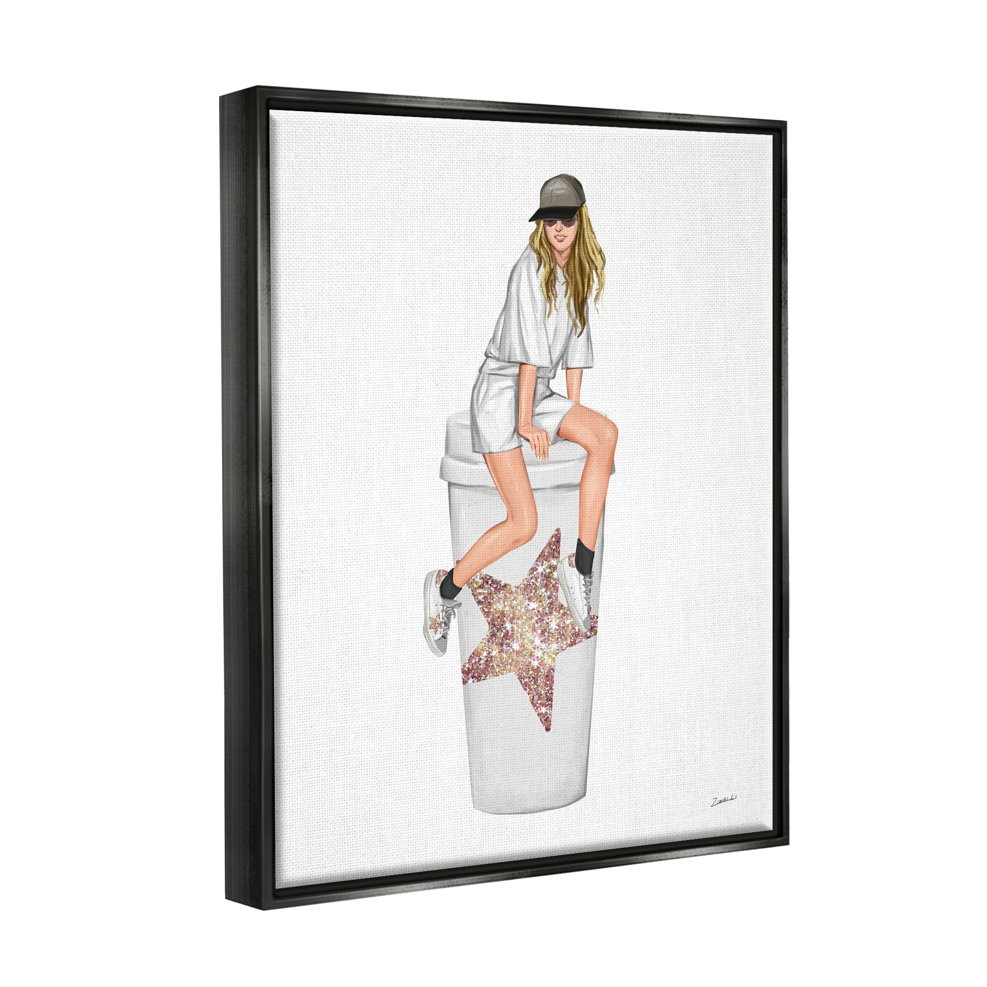 Stupell Industries Trendy Fashionable Girl Coffee Cup Beauty & Fashion Painting Black Floater Framed Art Print Wall Art