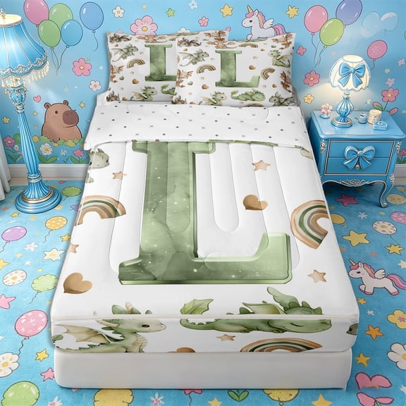 Castle Fairy Dragon Letter L Zipper Twin Comforter Sets with Fitted Sheet and 2 Pillowcases,Watercolor Animal Rainbow Zipper Bedding Set,4-Piece,Reversible