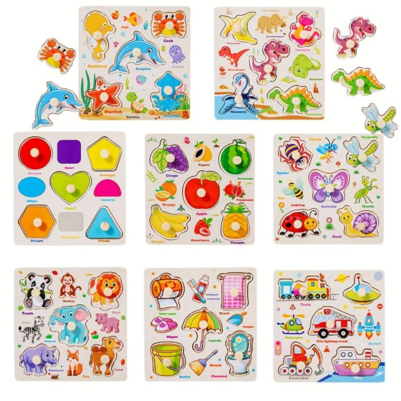 LEEYNEER Wooden Peg Puzzles for Toddlers 2-4 8pcs Educational Peg Puzzles Learning Toys Learning Puzzles for Kids Girls Boys 1-3 3-5 with Alphabet Number Animal Vehicle Shape