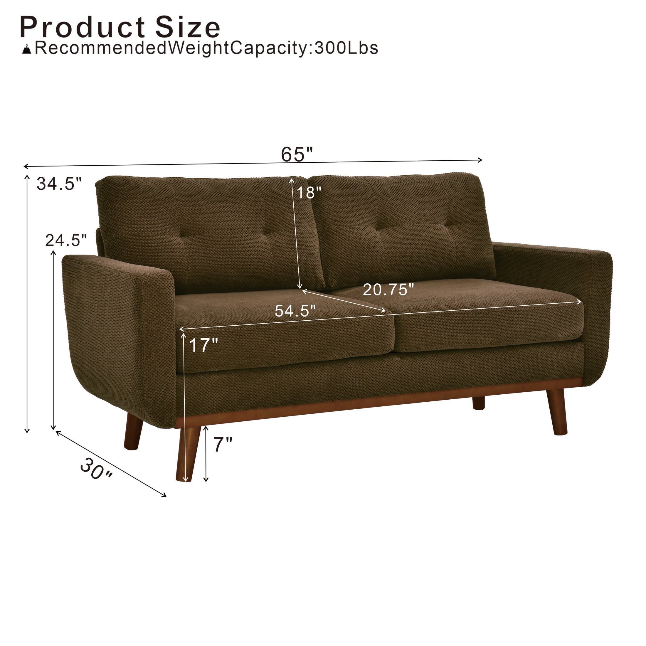 Noble House 65" Mid-Century Modern Loveseat Sofa, Nubby Upholstery, Solid Wood Legs, Coffee