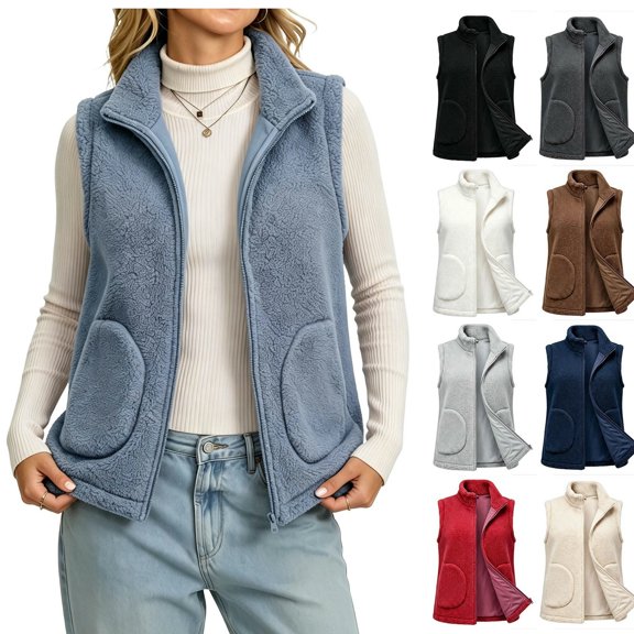 Women's Sherpa Fleece Vest Zip Up Stand Collar Warm Fuzzy Fluffy Soft Sleeveless Loose Fit Cozy Chic Casual Gilet with Pockets Fall Winter Red
