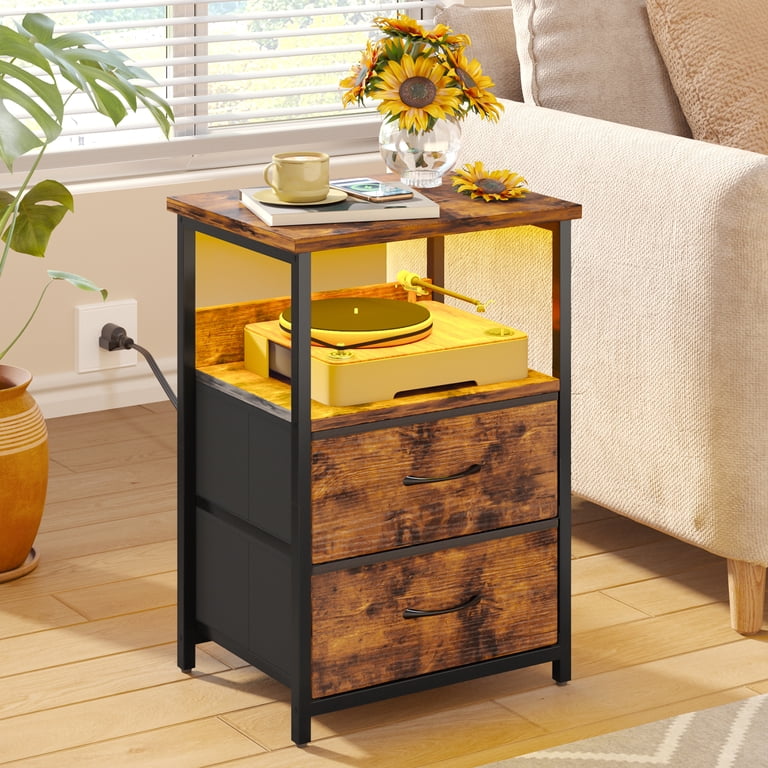 Tomnk Set of 2 Nightstands with Charging Station, Rustic Brown photo 3
