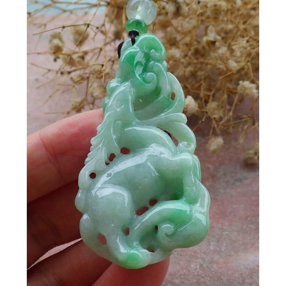Certified Green Burma 100% Natural A Jade jadeite Pendant Deer Ruyi Necklace 661744 TN