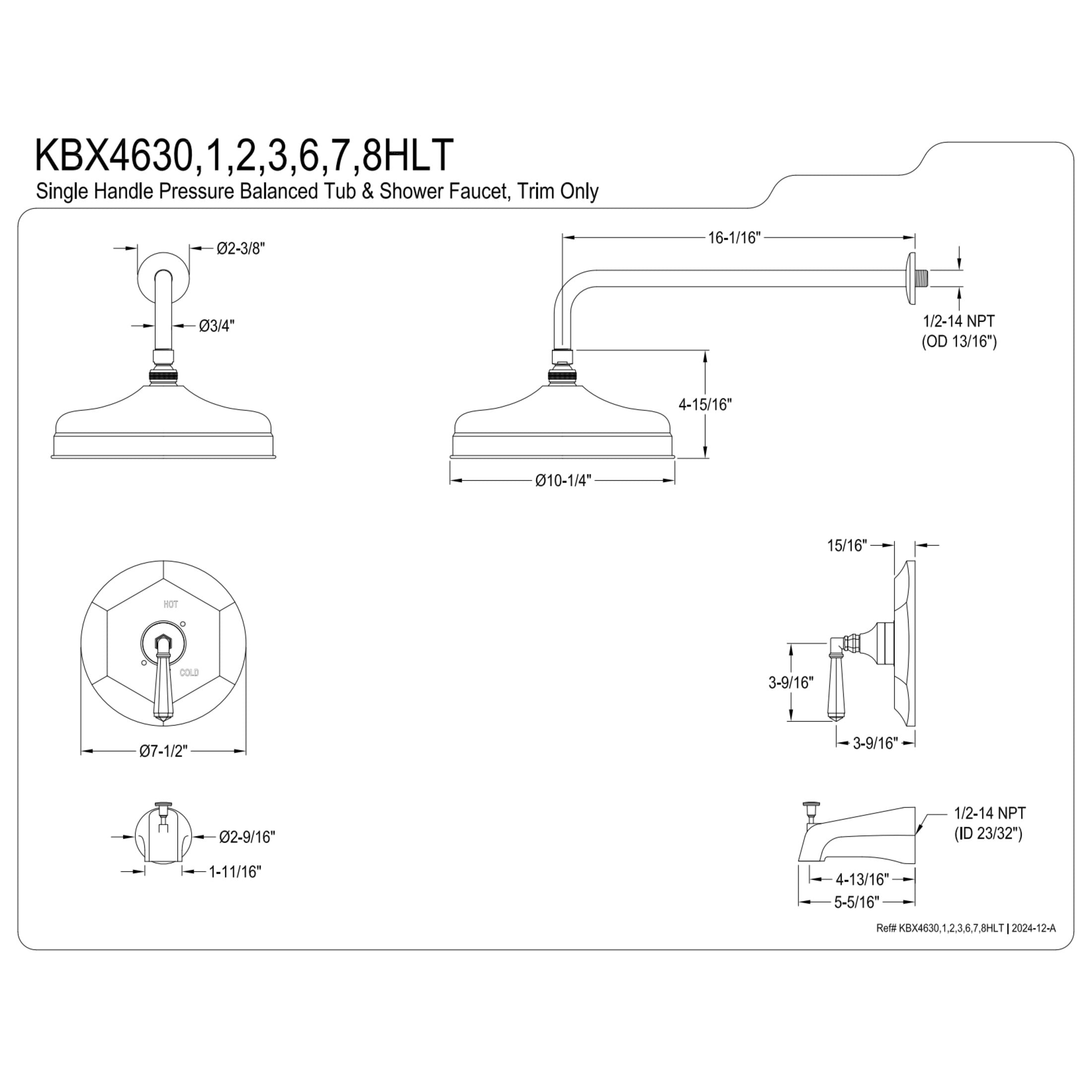 Kingston Brass KBX4632HLT Metropolitan Single-Handle Tub and Shower Faucet, Trim Only, Polished Brass