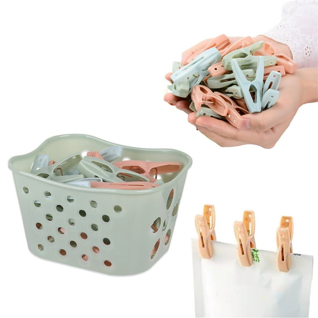 Pinzas de ropa resistentes al viento de colores - Paquete de 30 pinzas de plástico para calcetines, ropa y colchas, tendedero multifuncional con agarre fuerte, cestas de almacenamiento azules y