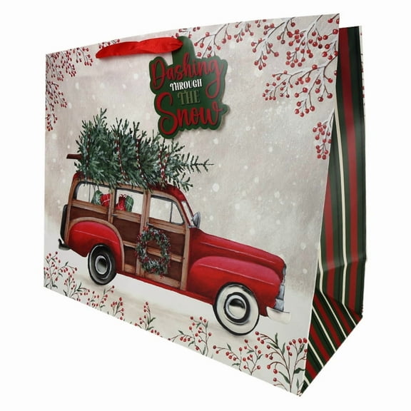 Super Jumbo Red and White Vintage Car Christmas Paper Gift Bag, 22" x 8.67" x 17", by Holiday Time