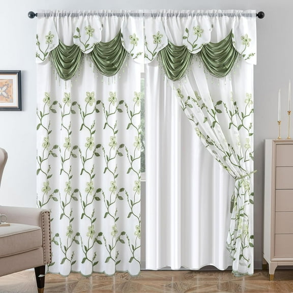 Embroidered Sheer Curtain 2 Panels Set - Luxury Window Curtain Attached Valance with Satin Backing and 2 Tie Backs for Living Room,Dining Room, 54x84 inches, Sage Green