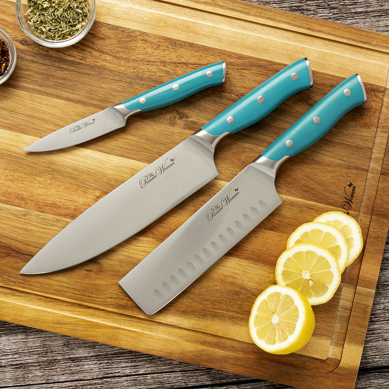 NEW Pioneer Woman Teal BLUE KNIFE SET Cutlery W/ Acacia WOOD BLOCK