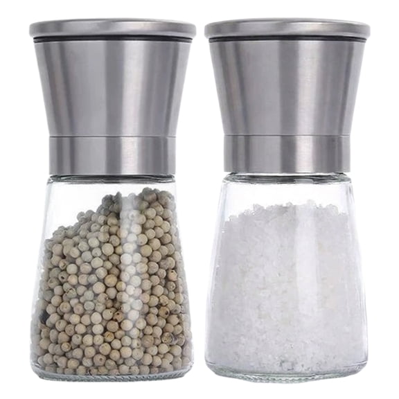 Salt and Pepper Grinder Set of 2, Stainless Steel Manual Spice Mills with Adjustable Ceramic Grinder, 6 oz Glass Pepper Shakers for Salt, Peppercorns and Kitchen Seasoning