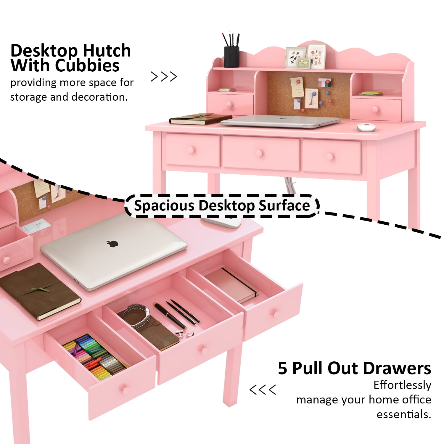 LAZZO 36" Writing Desk with Detachable Hutch & Drawers, Home Office Study Desk, Pink