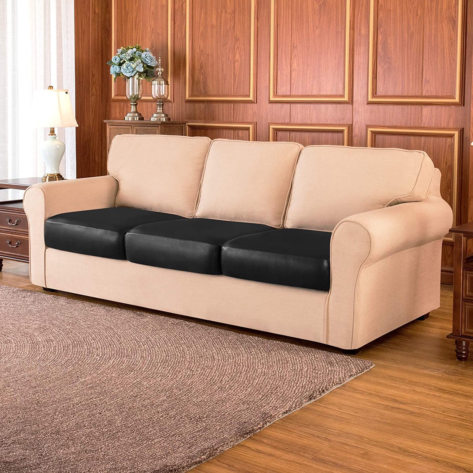 Water Resistant Cushion Cover, Leather Couch Cushion Cover Soft Furniture Protector Easy to Clean and Durable Cushion Cover for Restaurant-black-3-Seat