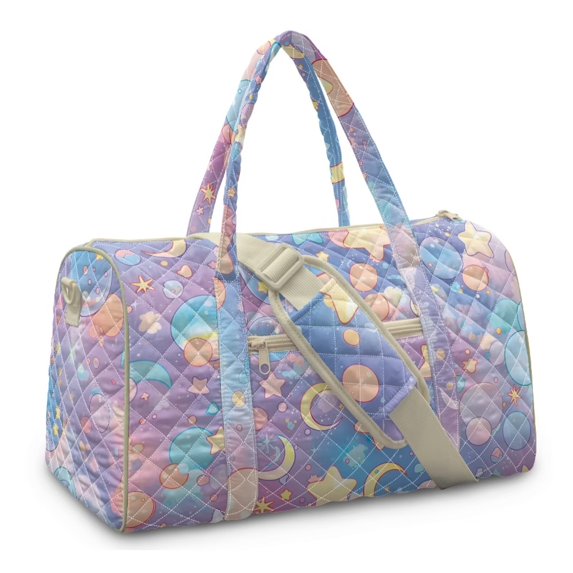 Garronmavis Large Quilted Duffle Bag for Women, Star Moon Pattern Weekender Bag Overnight Travel Carry On Tote, Gym Dance Bag with Zipper Pockets