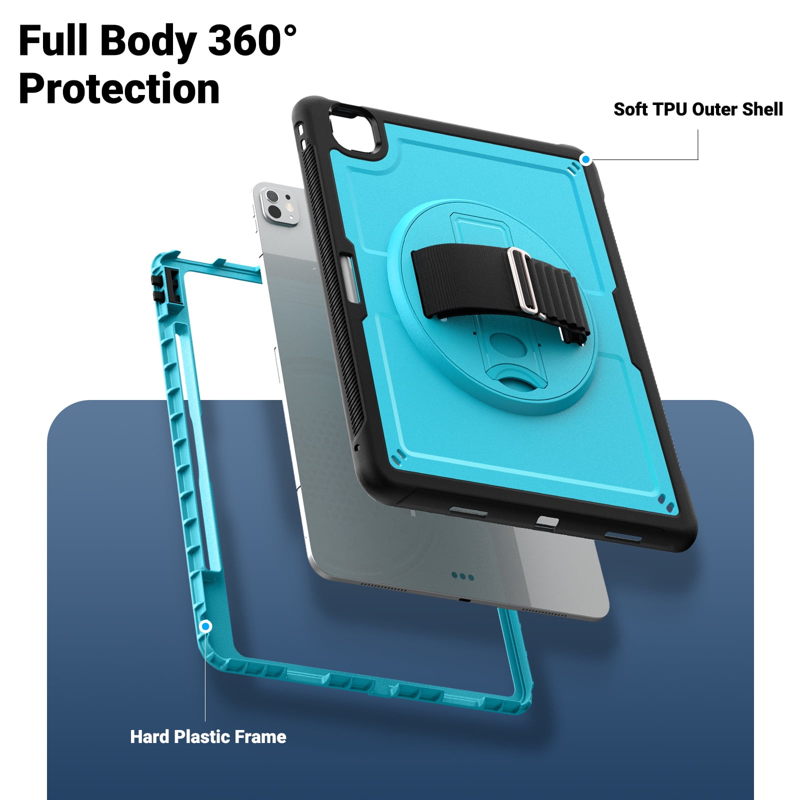 ELEHOLD Case for Apple iPad Pro 13 2024,Soft TPU Rugged Durable Case with 360° Rotating Hand Strap & Foldable Hidden Stand & Pencil Holder,Lightblue