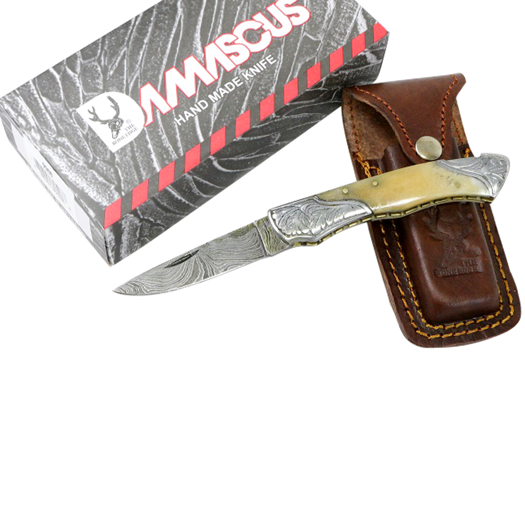 TheBoneEdge 7" Damascus Folding Knife Horn Handle Bolster Handmade with Sheath