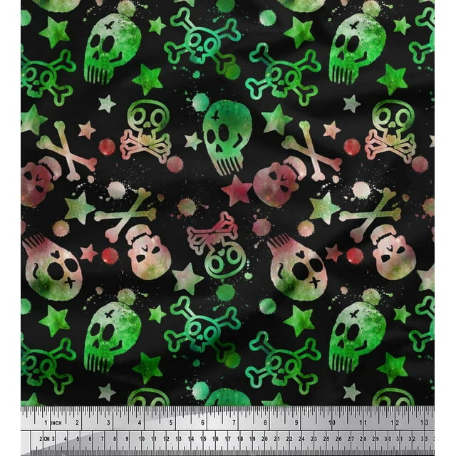 Soimoi Polyester Crepe Fabric Star,Crossbones & Skull Halloween Fabric Prints by Yard 52 Inch Wide