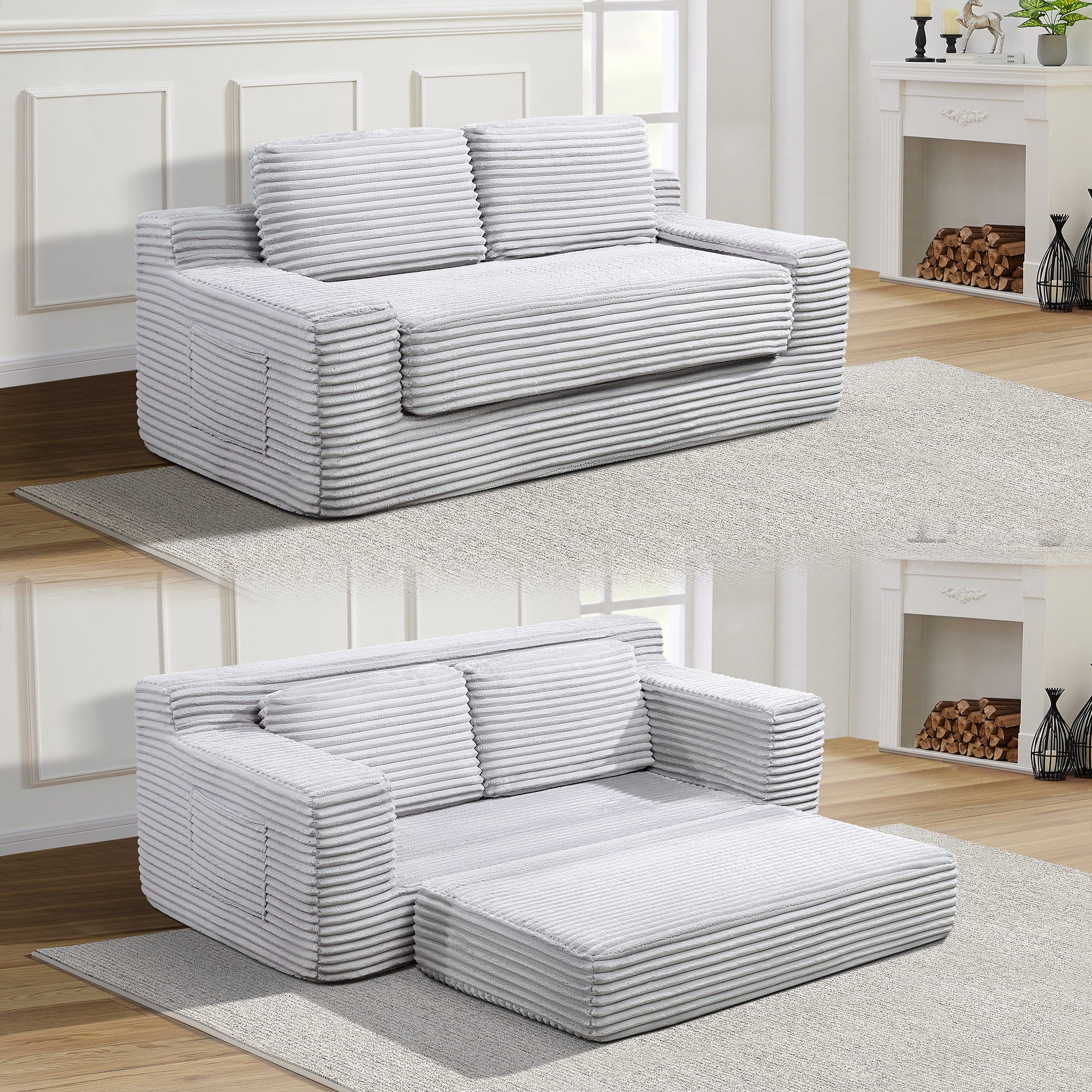 Howcool 71" Boneless Loveseat Sleeper Sofa,2 in 1 Pull Out Convertible Corduroy Floor Couch with Side Storage Pockets & 2 Throw Pillows,Foldable Guest Couch for Living Room,No Assembly Required,Grey