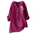 thumbnail image 2 of qILAKOG Womens Casual Button Down Blouses V Neck Long Sleeve Graphic Tops Cute Relaxed Fit Shirts Tunic Tops for Women Cotton And Linen Tops Blouses Casual T-Shirt, Wine&XXXL, 2 of 4