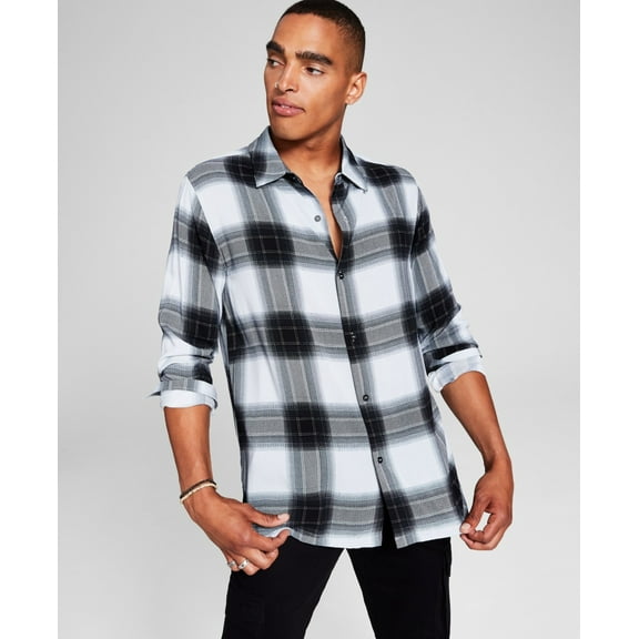 And Now This Mens Woven Regular-Fit Check Plaid Shirt Grey Multi-Small