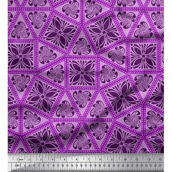 Soimoi Purple Silk Fabric Geometric & Floral Block Decor Fabric Printed Yard 42 Inch Wide